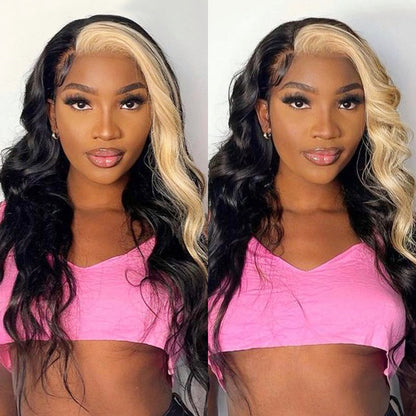 Blonde Skunk Stripe Highlight Blonde Color 15A Double Drawn Hair 13x4 Lace Frontal Wig