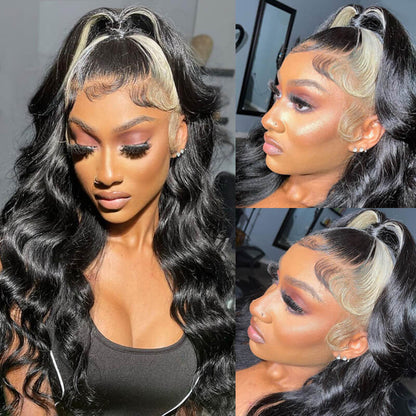 Blonde Skunk Stripe Highlight Blonde Color 15A Double Drawn Hair 13x4 Lace Frontal Wig