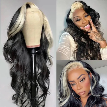 Blonde Skunk Stripe Highlight Blonde Color 15A Double Drawn Hair 13x4 Lace Frontal Wig