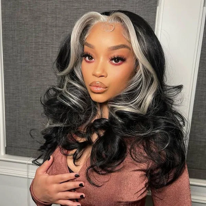 Blonde Skunk Stripe Highlight Blonde Color 15A Double Drawn Hair 13x4 Lace Frontal Wig