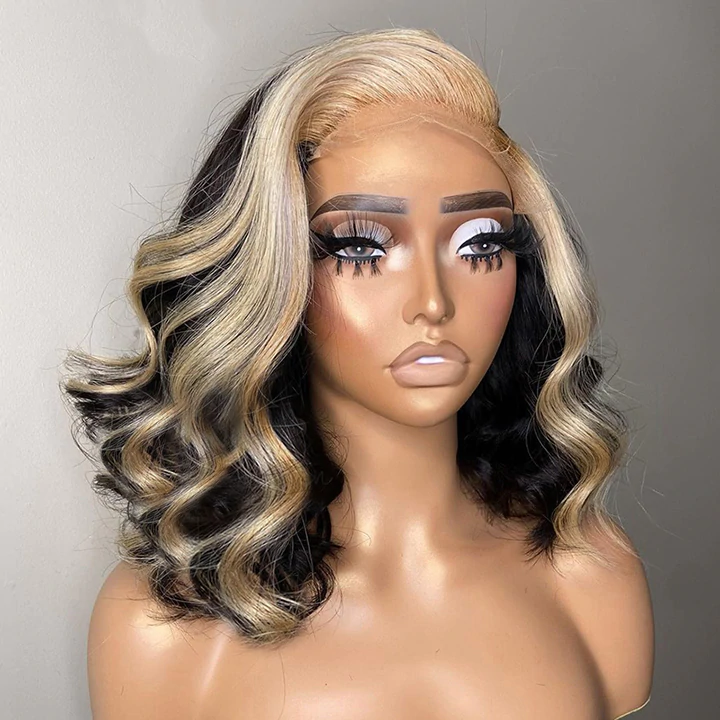 Blonde Skunk Stripe Highlight Blonde Color 15A Double Drawn Hair 13x4 Lace Frontal Wig