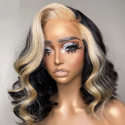 Blonde Skunk Stripe Highlight Blonde Color 15A Double Drawn Hair 13x4 Lace Frontal Wig