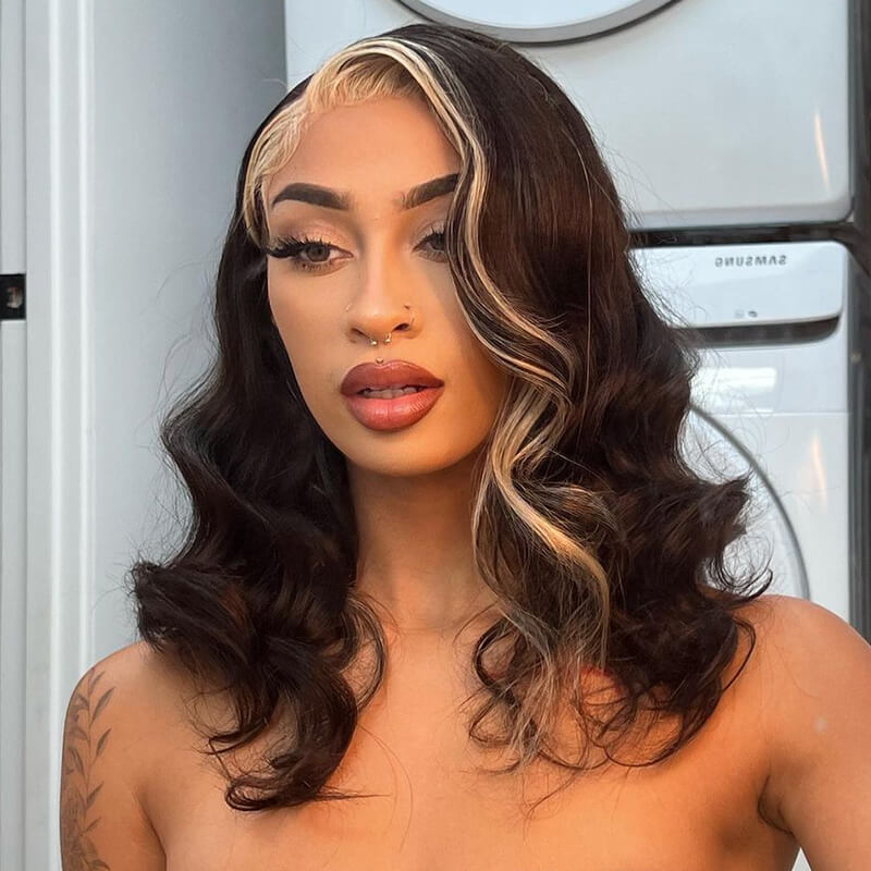 Blonde Skunk Stripe Highlight Blonde Color 15A Double Drawn Hair 13x4 Lace Frontal Wig