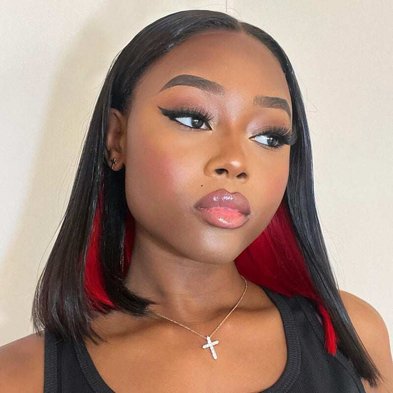 Arabella 13x4 Frontal Lace Peekaboo Highlights Red Straight Bob Wig Invisible Knots Realistic Hairline